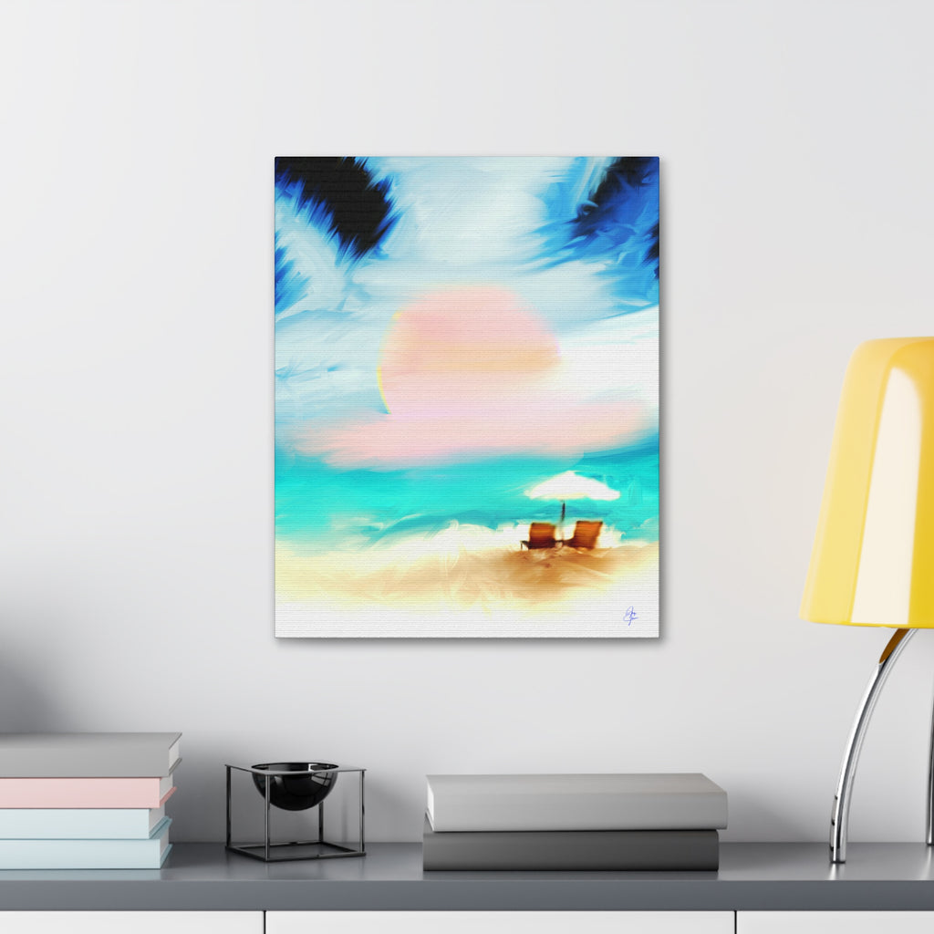 Beach Sunset Canvas Wall Art — Tropical Chairs & Umbrella Stretched Canvas
