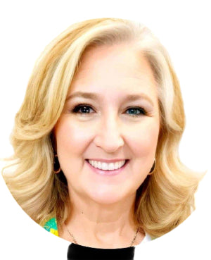 Circular portrait of a woman with blonde hair and a smile.